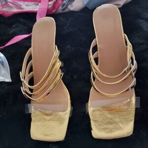 Gold Heeled Sandals with Rhinestones